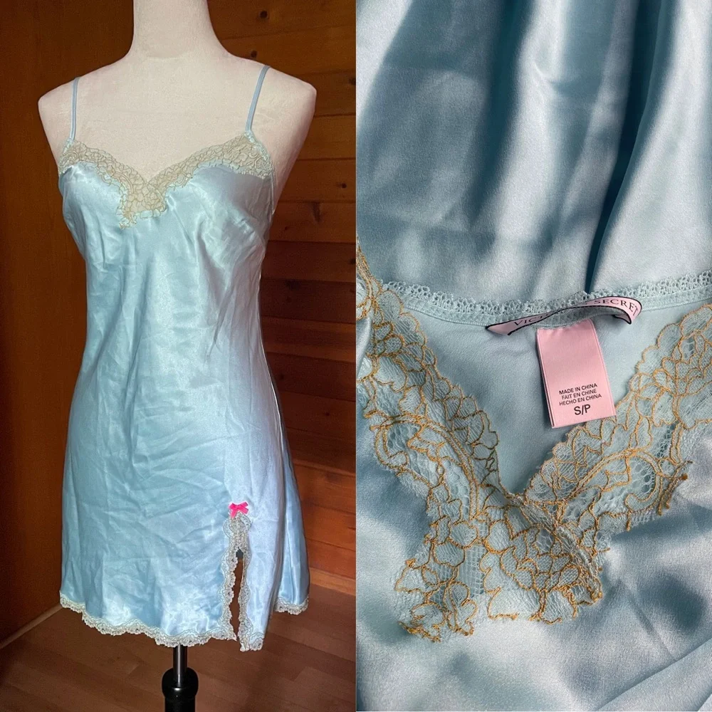 Victoria’s Secret Blue Satin Gold Lace Satin Slip Dress Sz Medium - Picture 2 of 6